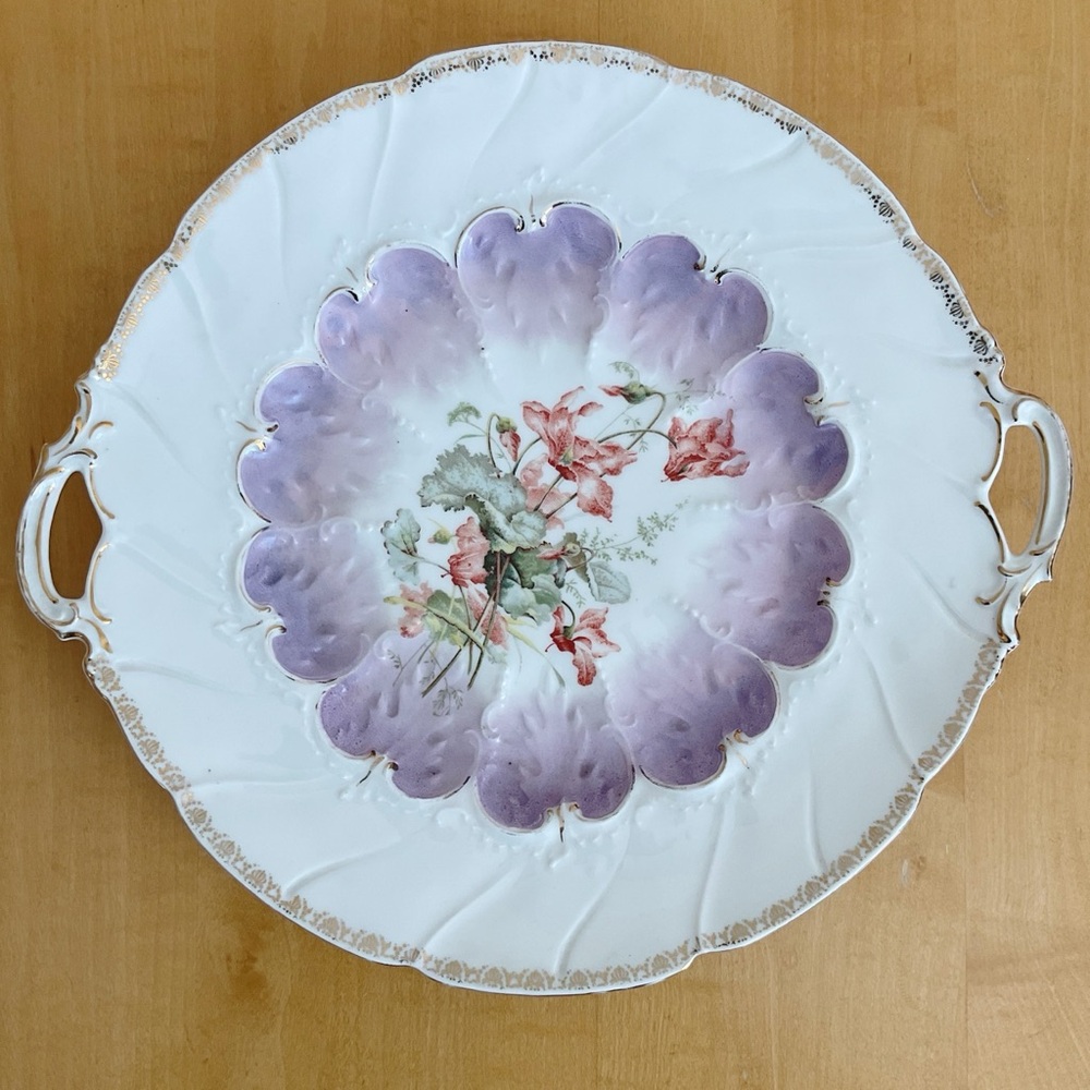 Antique KPM Berlin Handled Cake Plate Purple Floral Gilt Germany